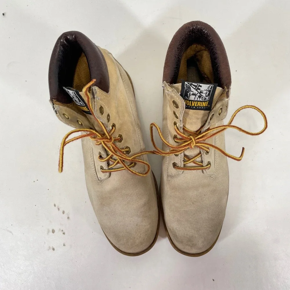 Wolverine Mens Tan Suede Work Boots Made in USA Vintage Lug Sole Size 6.5-7.5